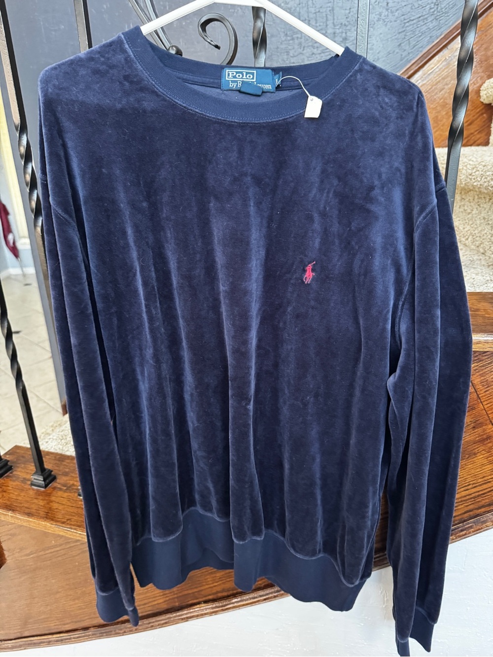 New Vintage Large Ralph Lauren Navy Velour Crewneck with Pink Pony Embroidery